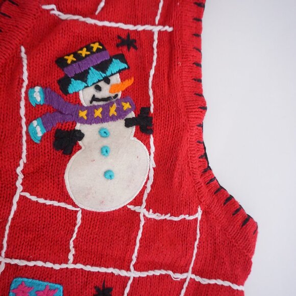 Vintage Victoria Jones Red Cotton Vest Snowmen Holiday Festive Cabincore XL - Picture 5 of 9